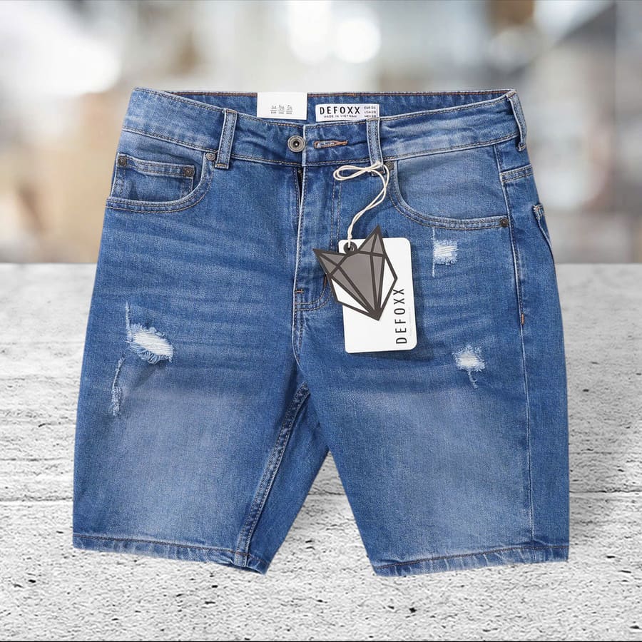 Quần short jean Defoxx rách wash xanh co giãn chinh phục người mặc bằng tông màu xanh wash thời thượng