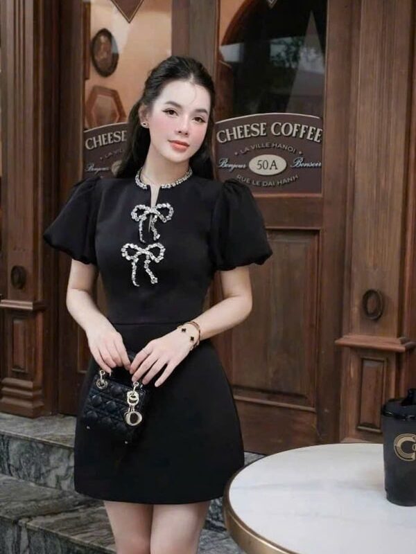 Đầm chữ A Colyn mix nơ đá cổ
