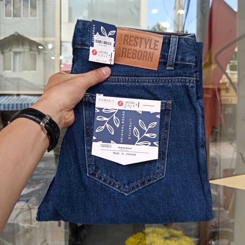 Quần jean jacobs cole xanh trơn ống suông không co giãn - Ảnh 4